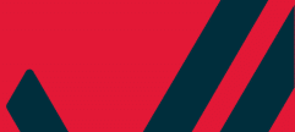 Abstract geometric design with bold red and dark blue diagonal shapes and lines on a rectangular background.