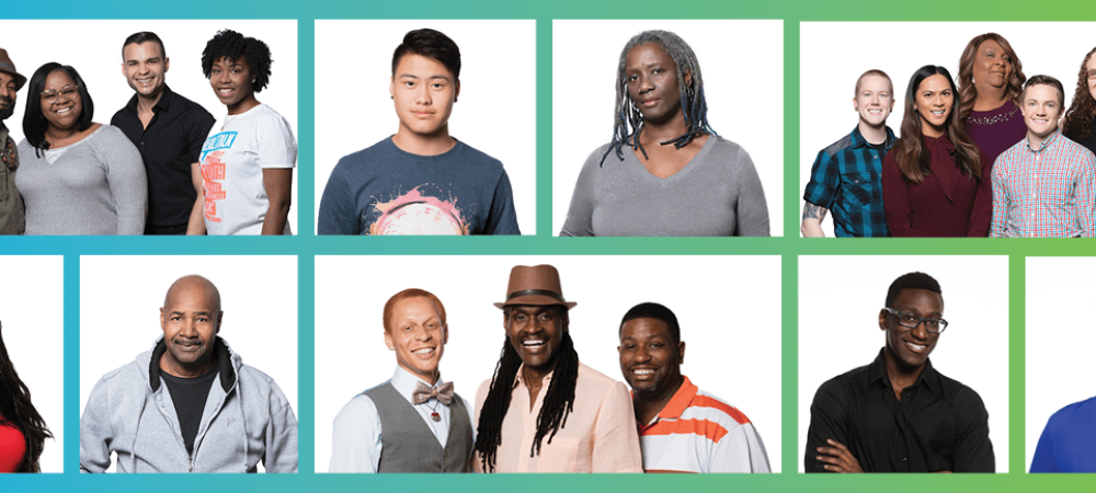 A diverse group of people, including men and women of various ages and ethnic backgrounds, are posed and smiling against a white background.